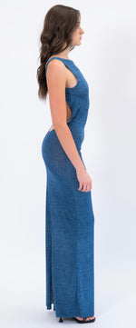 Denim print open back maxi dress