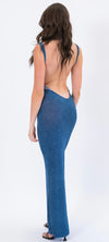 Denim print open back maxi dress