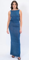 Denim print open back maxi dress