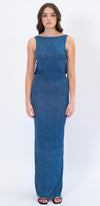 Denim print open back maxi dress