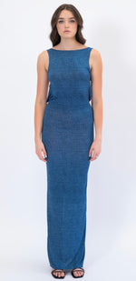 Denim print open back maxi dress