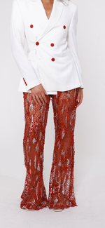 Red web knit embellished wide leg pants