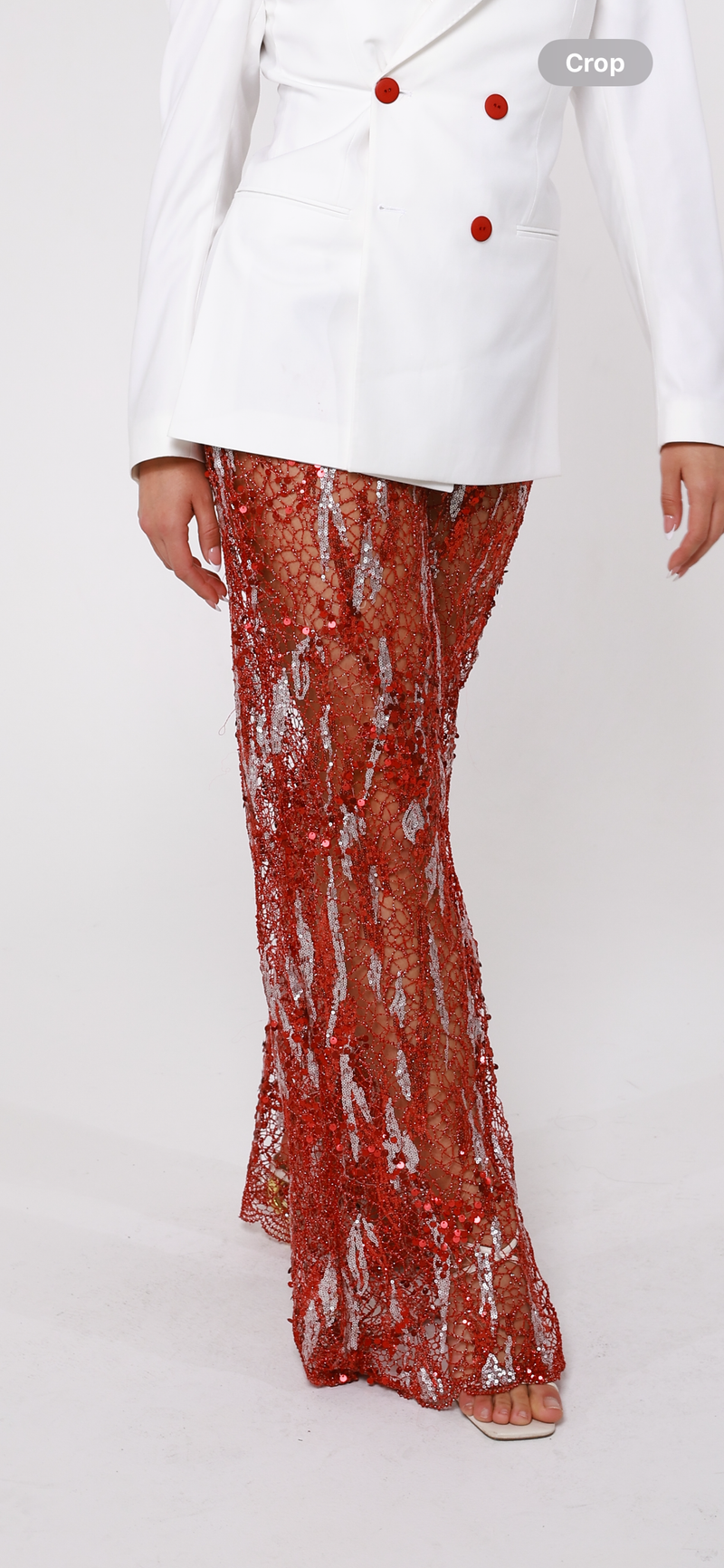 Red web knit embellished wide leg pants