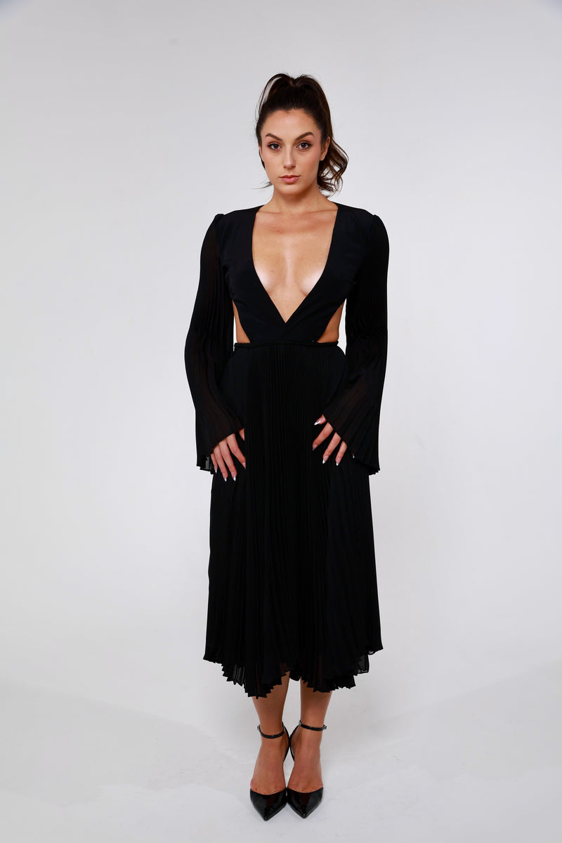 Pleated Dress with cut out & bell sleeves