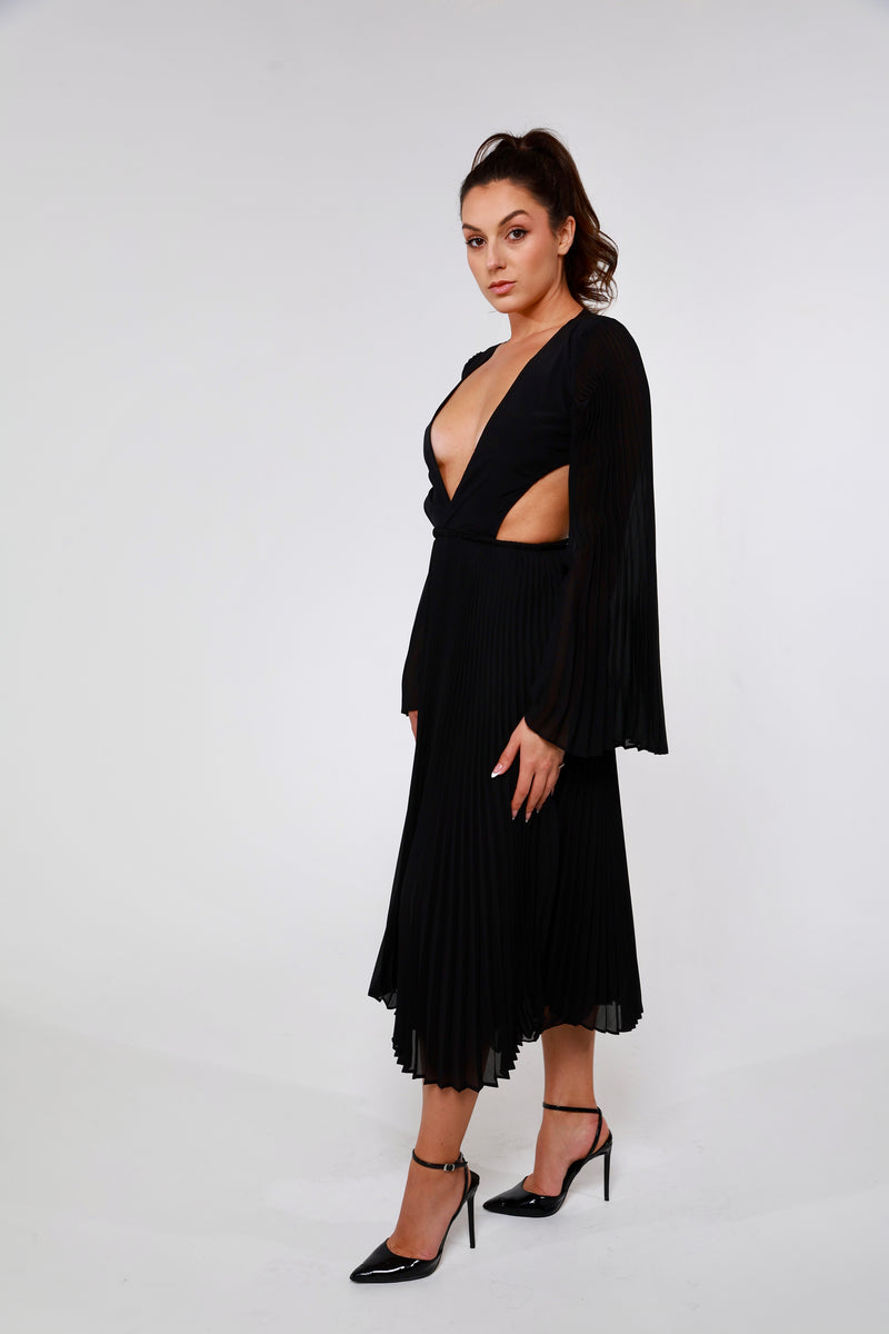 Pleated Dress with cut out & bell sleeves