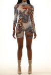 Royalty print mesh shorts bodysuit