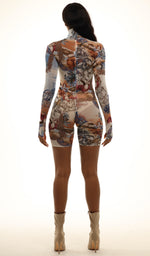 Royalty print mesh shorts bodysuit