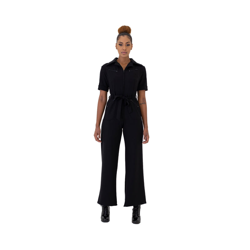 Short-sleeve Cropped Jumpsuit with zipper pockets